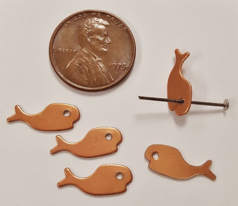 12 VINTAGE WHALE FLAT 6x15mm. COPPER COATED STEEL STAMPING FINDINGS N40