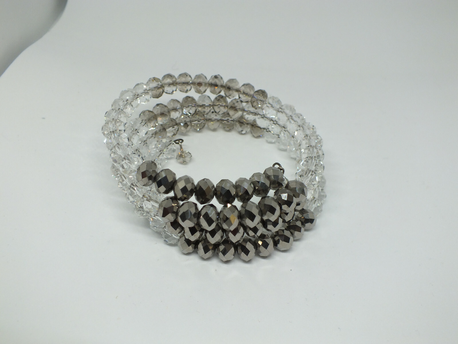 Beautiful Wrap Bracelet Silver Tone Clear Beads 7/8″ Wide x 2 3/8″ Across ID