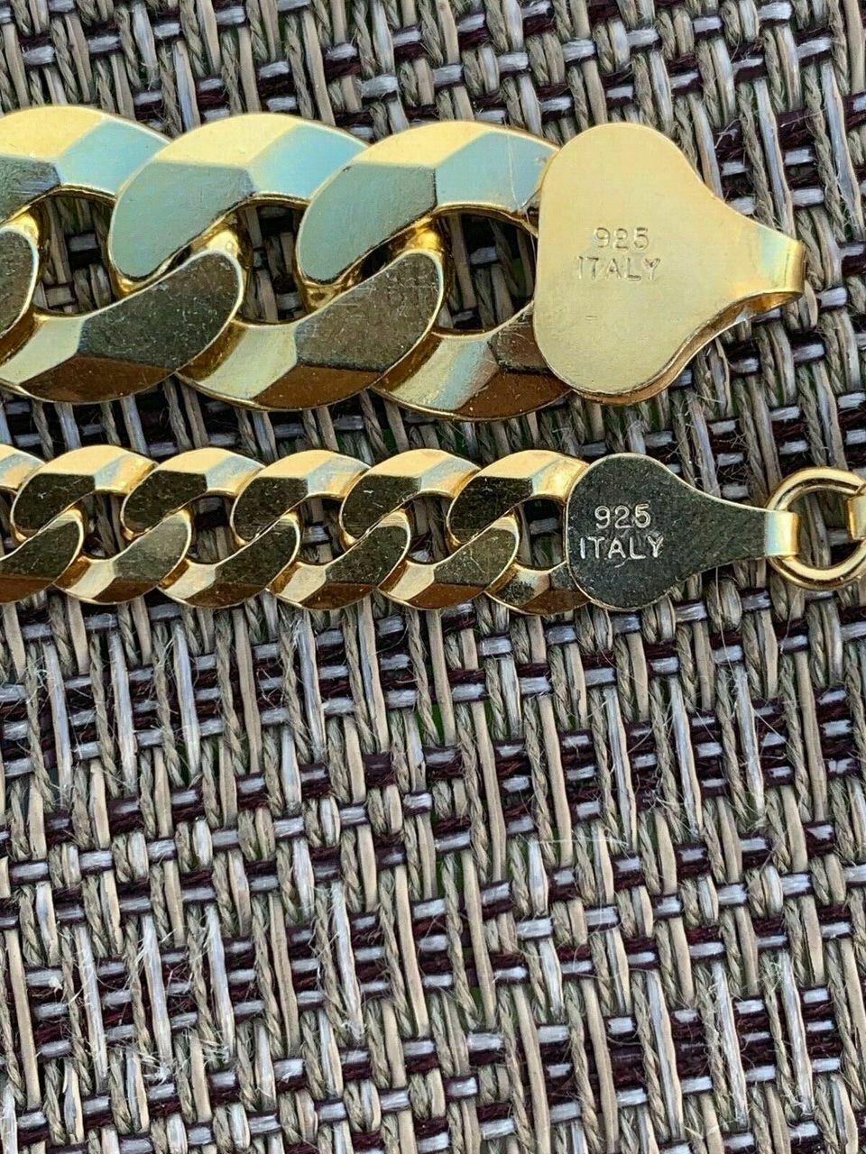 Solid 925 Sterling Silver 14k Gold Plated Cut Flat Miami Cuban Hip Hop Bracelet