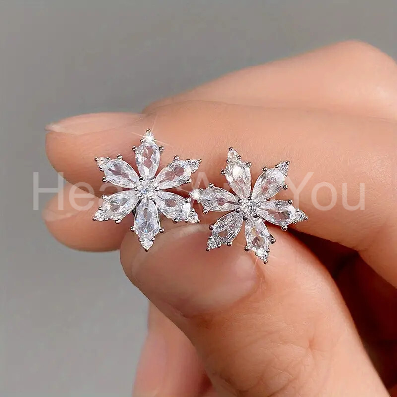 2ct Pear Cut Moissanite Floral Snowflake Stud Earrings 14K White Gold Plated