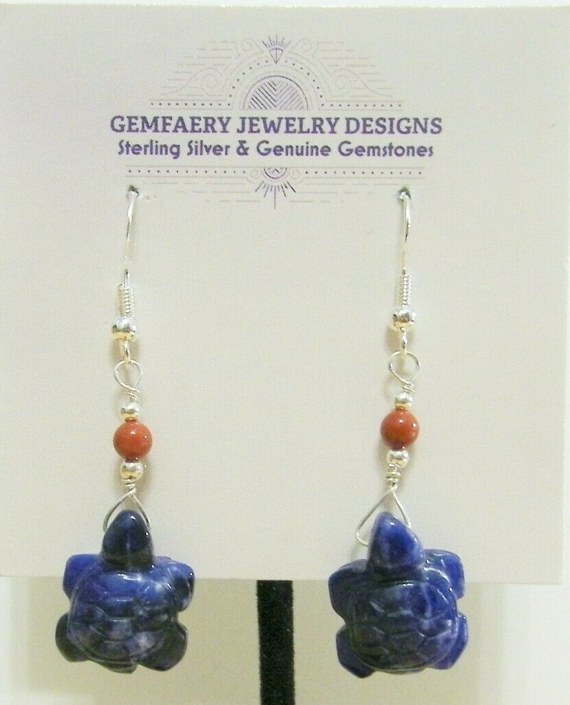 Sterling Silver Carved SODALITE Turtle Gemstone Dangle Earrings…Handmade USA