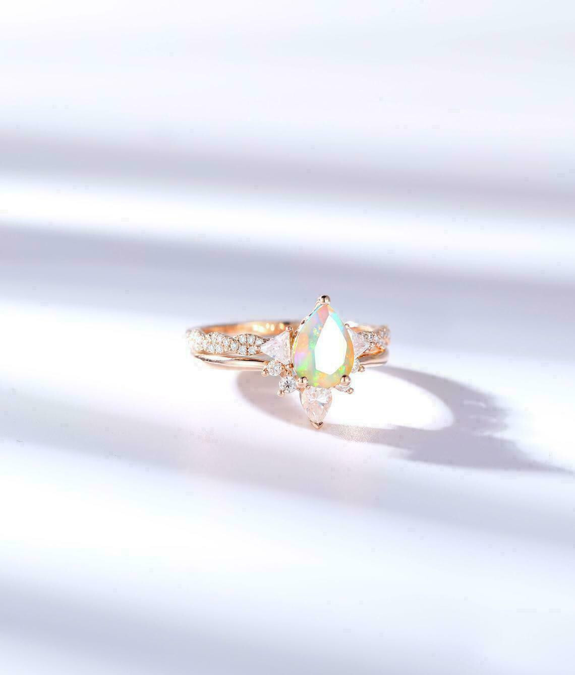 1.50Ct Pear Cut Fire Opal Women Bridal Engagement Ring Set 14K Rose Gold Finish