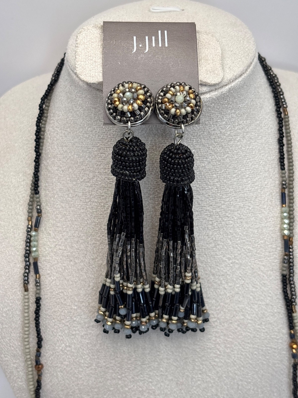 J. Jill Beaded Tassel Long Black Cream 35″ Necklace Matching Earrings Set NEW