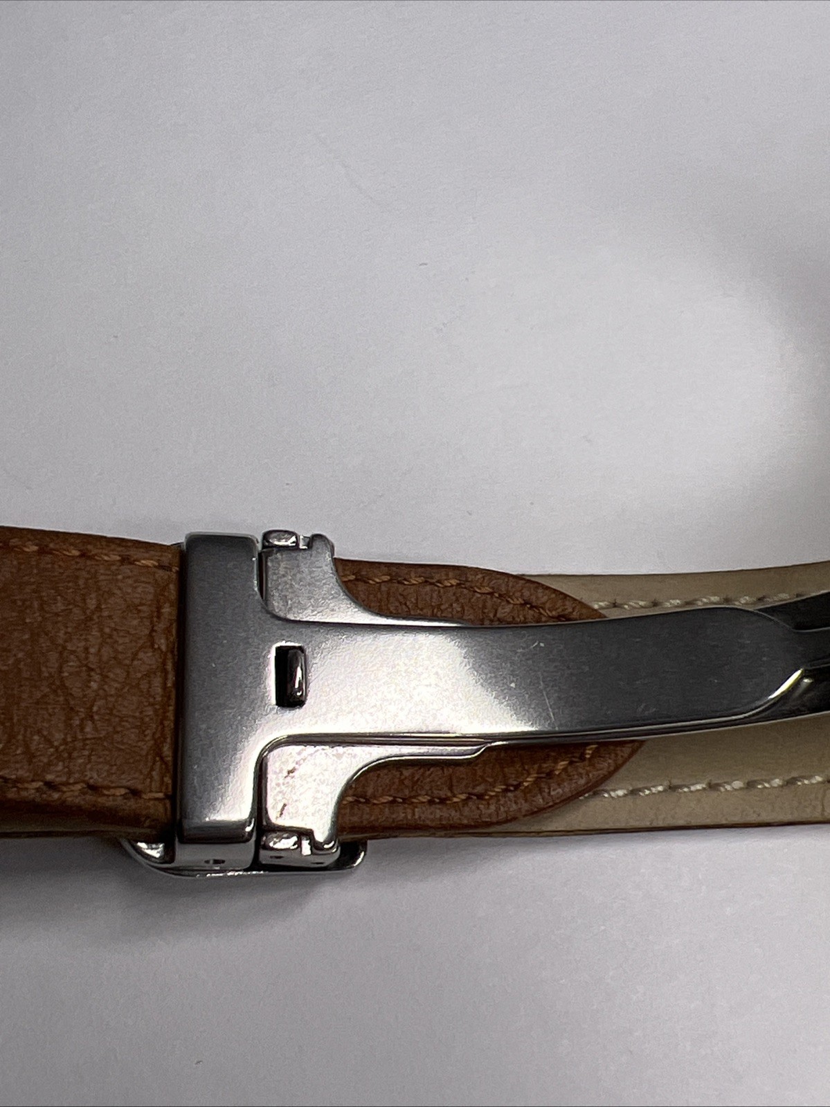 19mm Cartier Tan Ridged Leather Strap Band & 17mm Steel Foldover Deployant Clasp