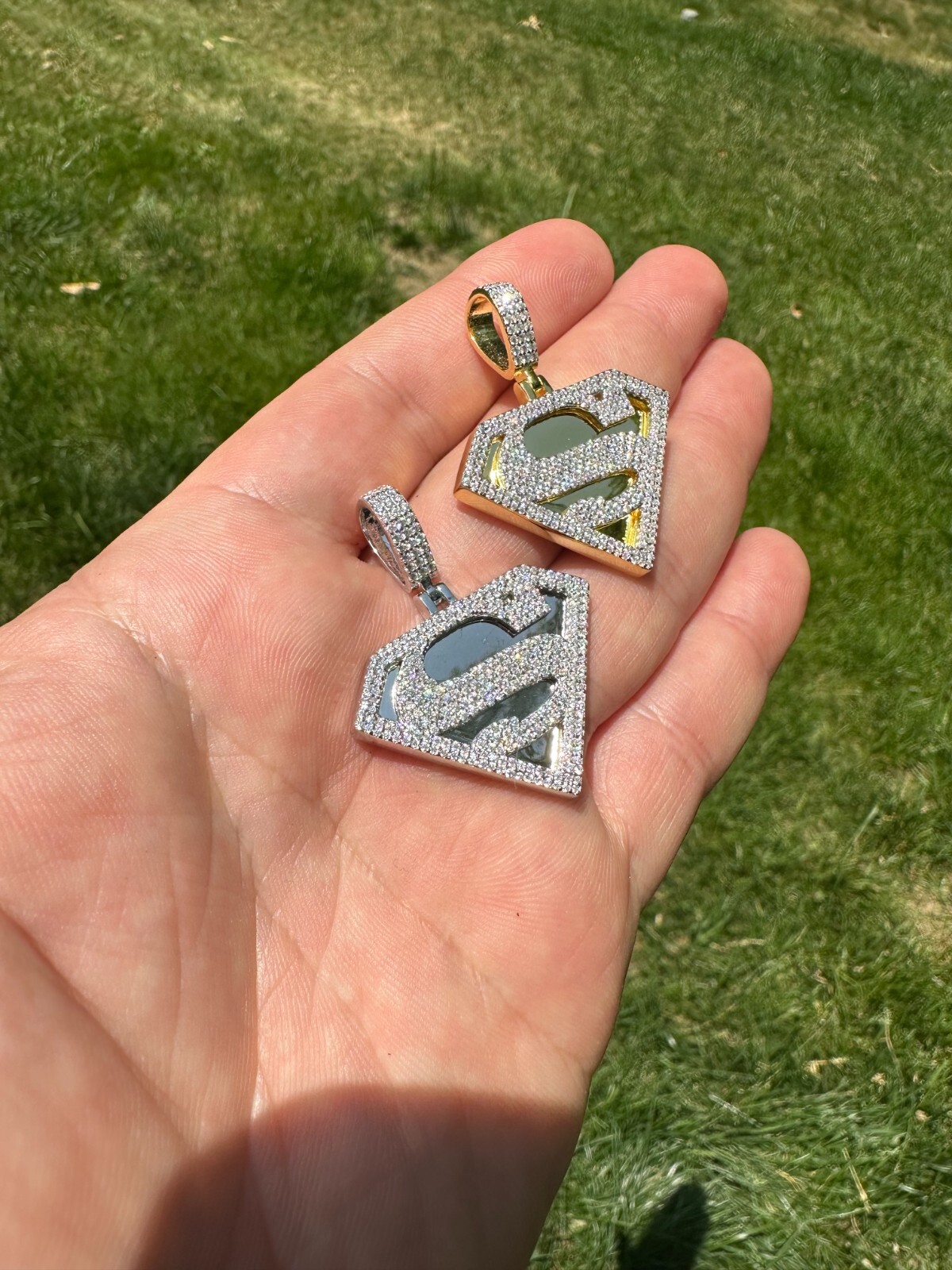 MOISSANITE Real 925 Silver/Gold Plated Iced SUPERMAN Logo Out Pendant Necklace