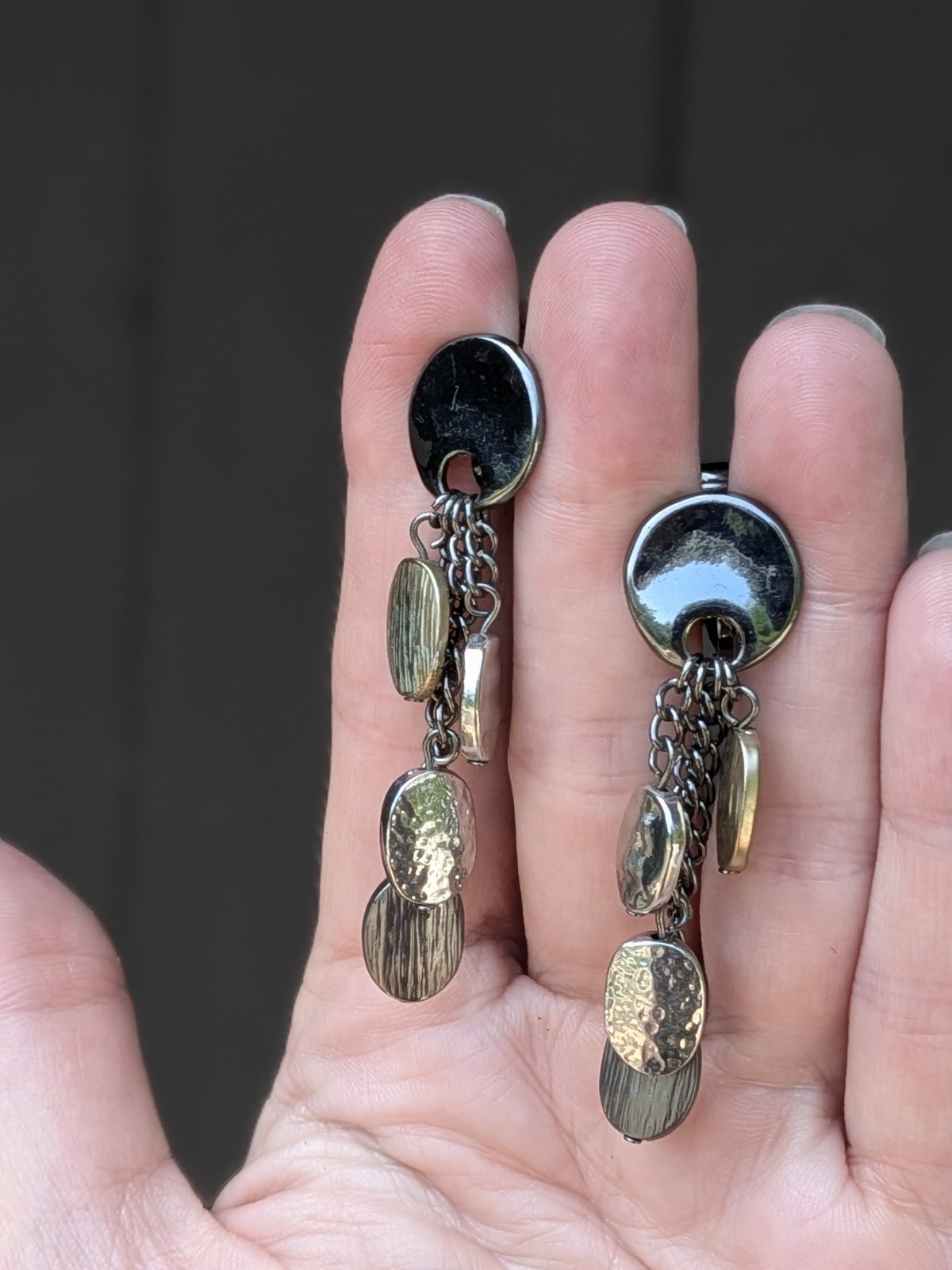 Textured Mixed Metal Oval 2¾” Dangle Clip Earrings Black Silver Gold Tone Chain
