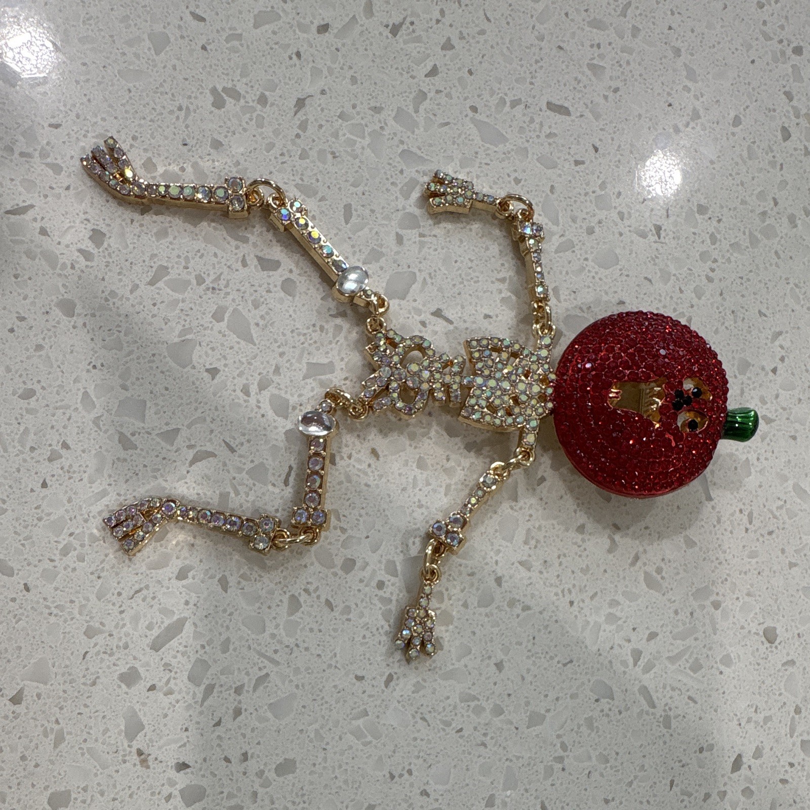 Crystal Rhinestone Brooch Pin, Gold Tone Metal, Red Christmas Ornament Figure