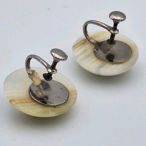 Vintage Genuine Banded Agate Stone Domed Disc Button Screw-back Earrings *RARE