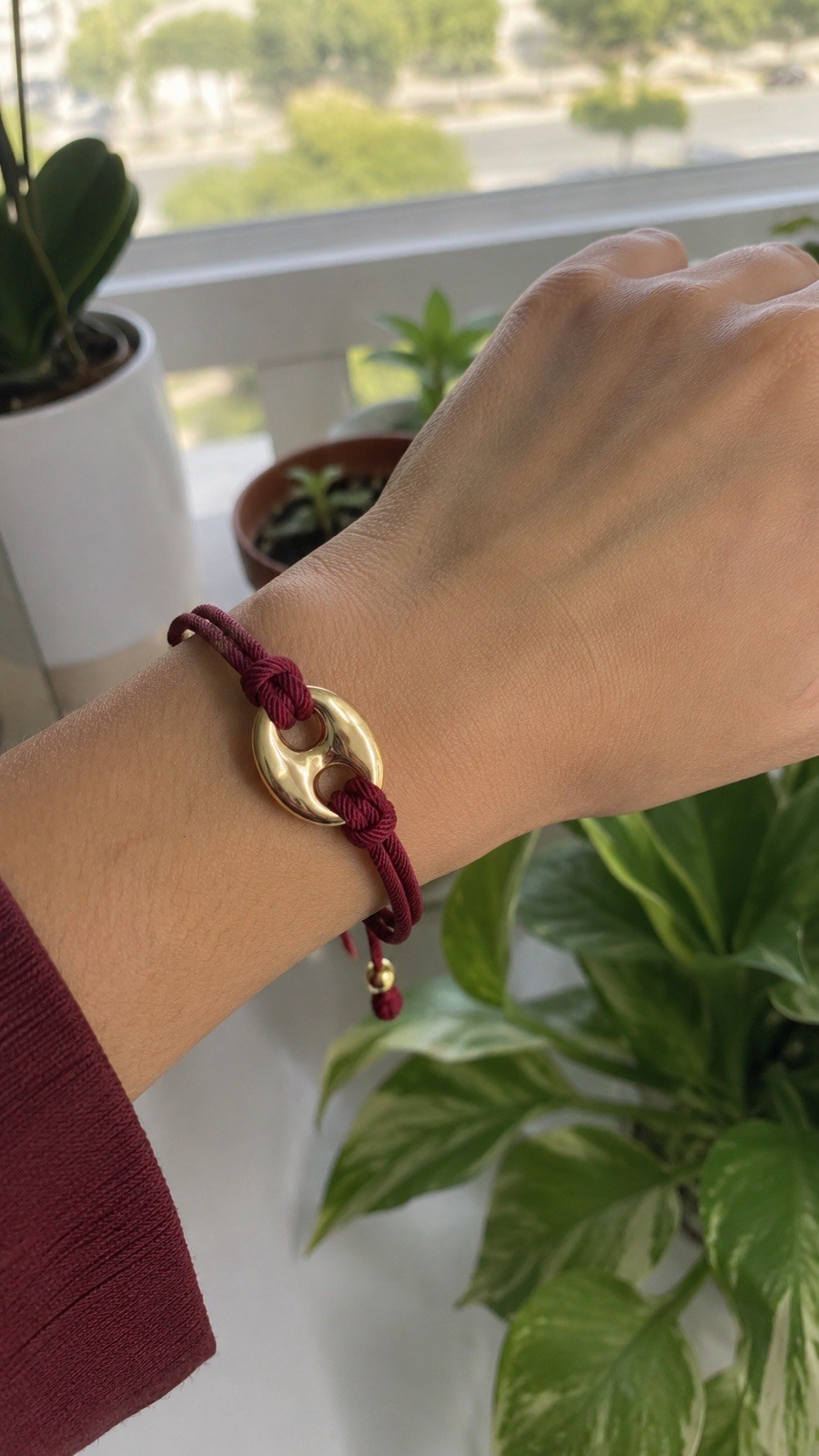 Burgundy Cord Bracelet with Gold Oval Charm, Adjustable