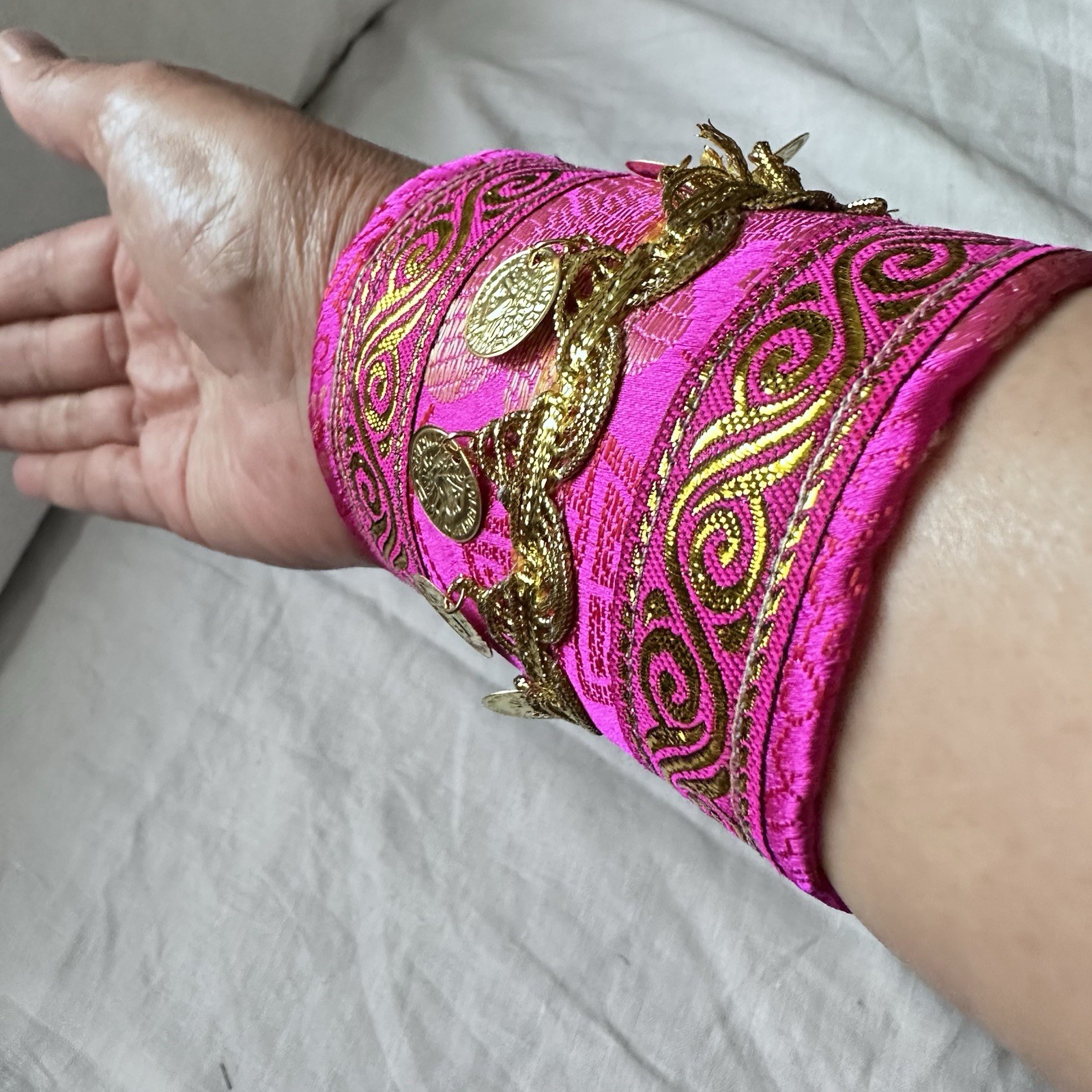 Artisan Fuchsia and Gold Coin Cuff Bracelet Adjustable Wrist Jewelry Art Signed