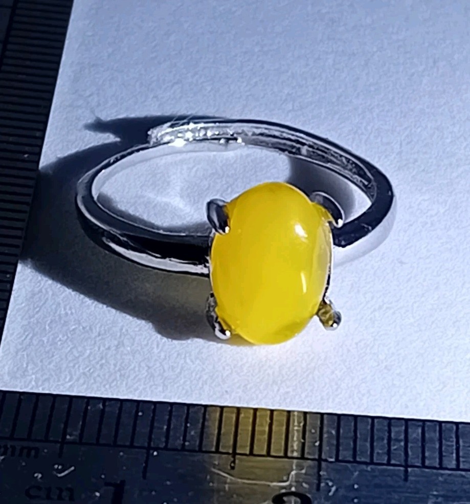 Honey Yellow Amber Crystal Gemstone Ring Adjustable Silver Tone Plated Simple