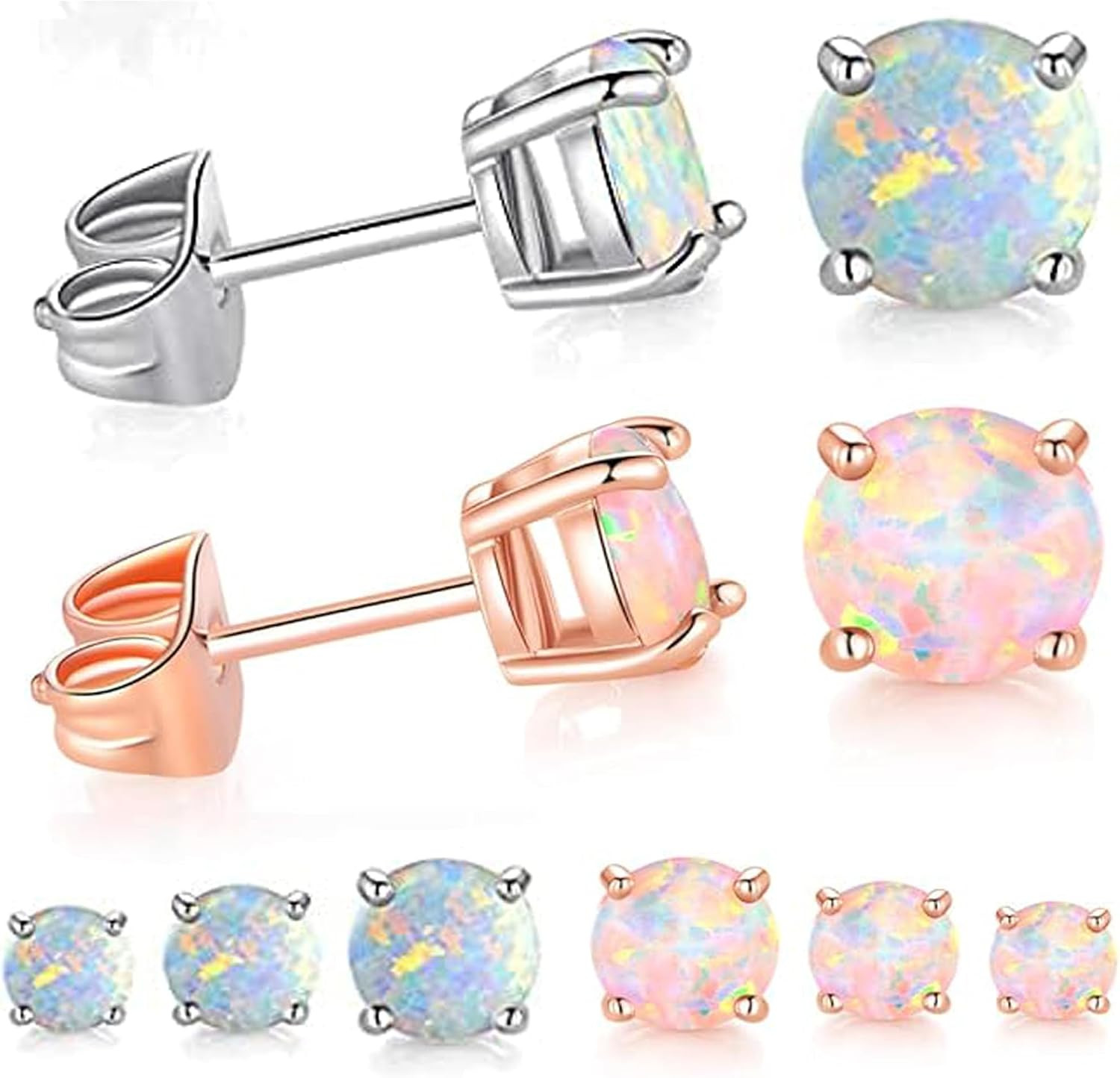 6 Pairs Stud Earrings Set, 3-5Mm Opal Stud Earrings for Women 316L Stainless Ste
