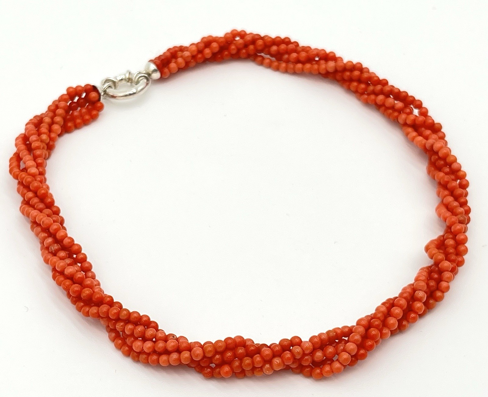 Natural Mediterranean Coral Necklace 5 Strands Tea Towel 925 Silver Made In Italy