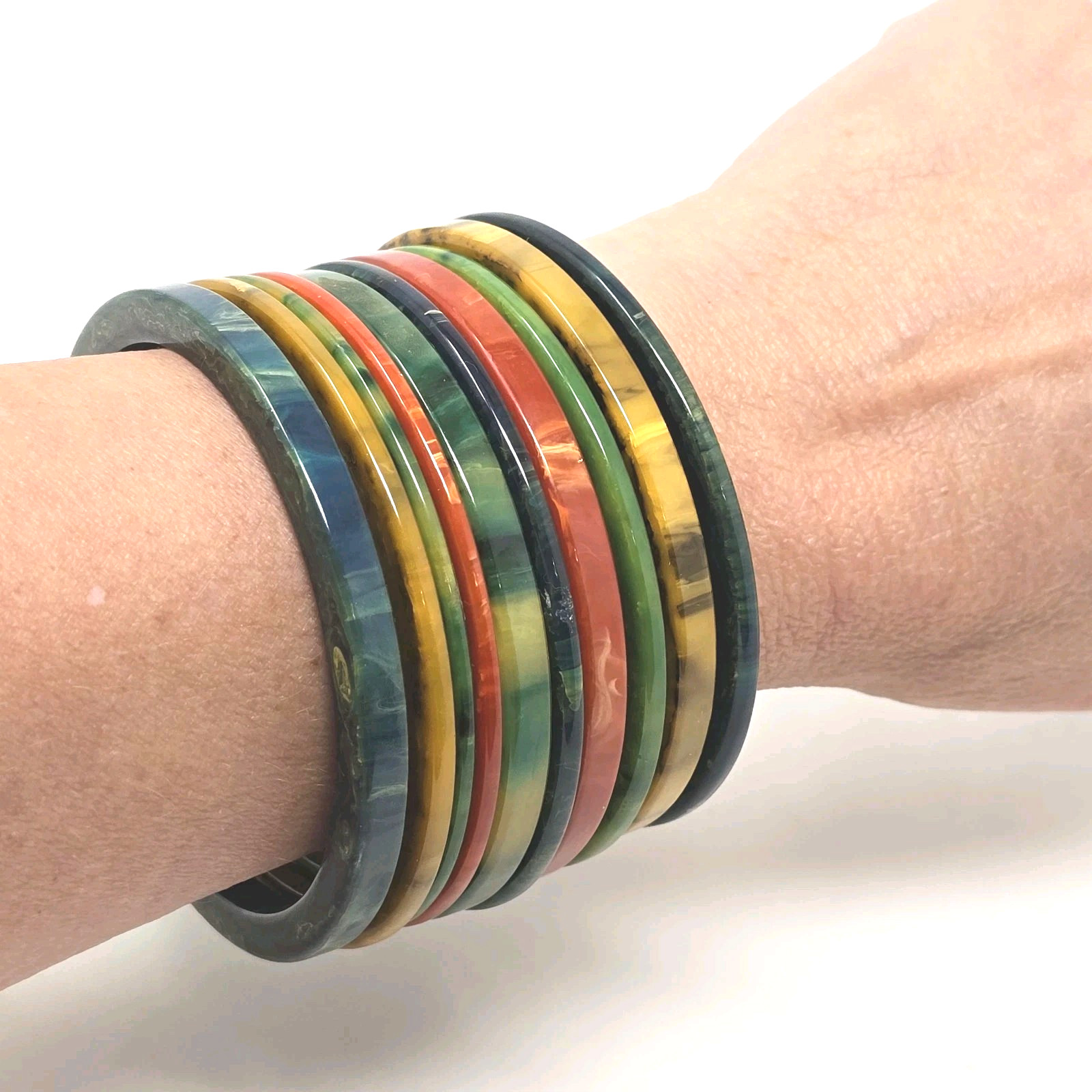 SET of 9 BAKELITE Bracelets MARBLED Multicolor Bangles Green Red Yellow RARE