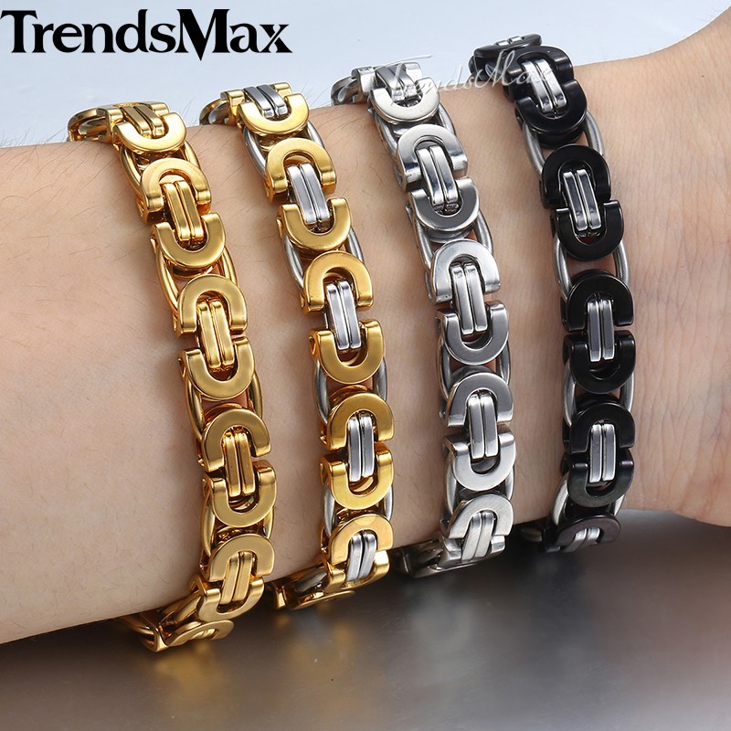 Black/Silver/Gold Plated Stainless Steel Flat Byzantine Chain Bracelet Mens Link