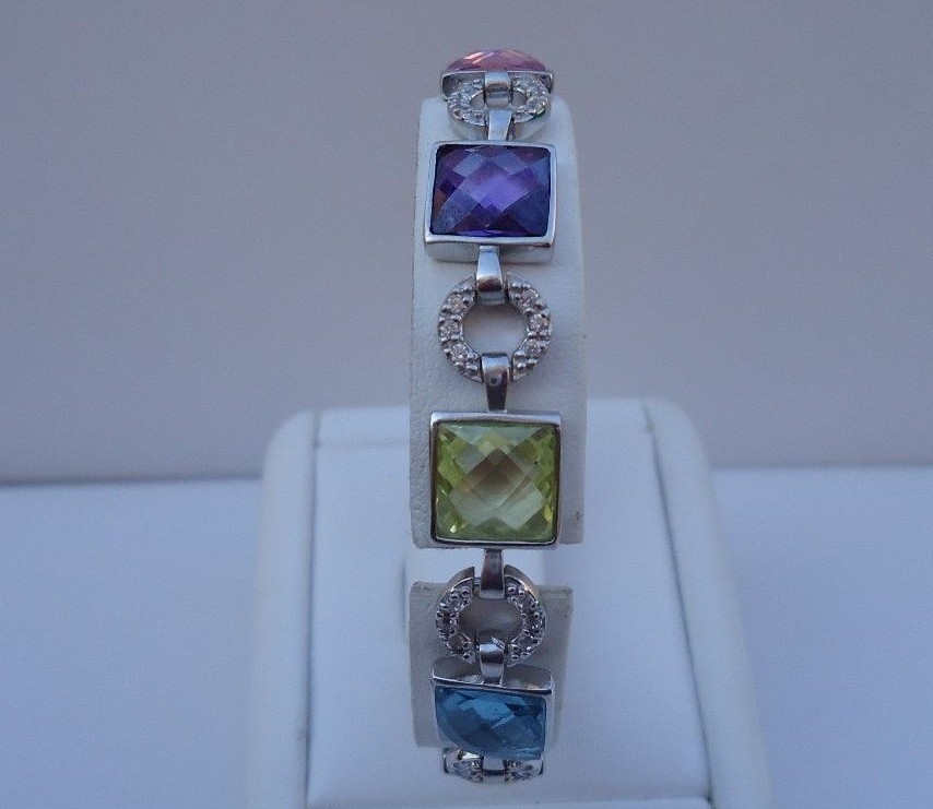 STERLING SILVER BRACELET 28ct MULTI-COLOR GEMSTONES/ LAB CREATED DIAMOND/ 7.5”