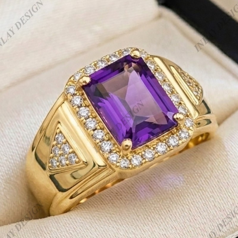 Men’s 925 Silver Signet Ring Purple Natural Amethyst Emerald Cut Shape Gemstone