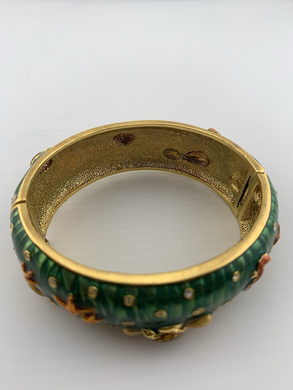 Vintage Koi Fish Enamel Hinged Bangle Bracelet Green Gold Tone Rhinestone Cuff