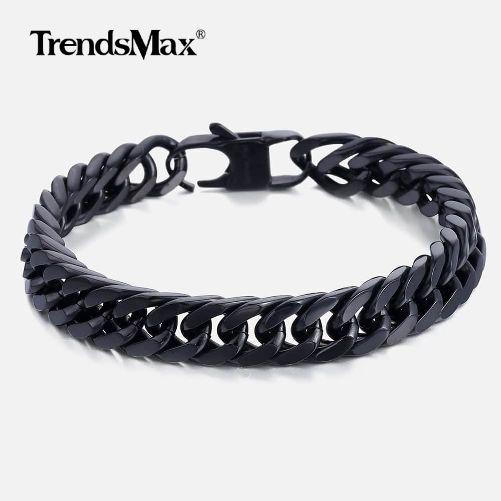 10mm 316L Stainless Steel Black Cut Curb Cuban Link Rombo Chain Bracelet 7″-11″