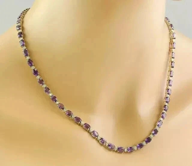 20TCW Oval Lab Created Amethyst & Diamond Tennis Necklace 14k Yellow Gold Plated
