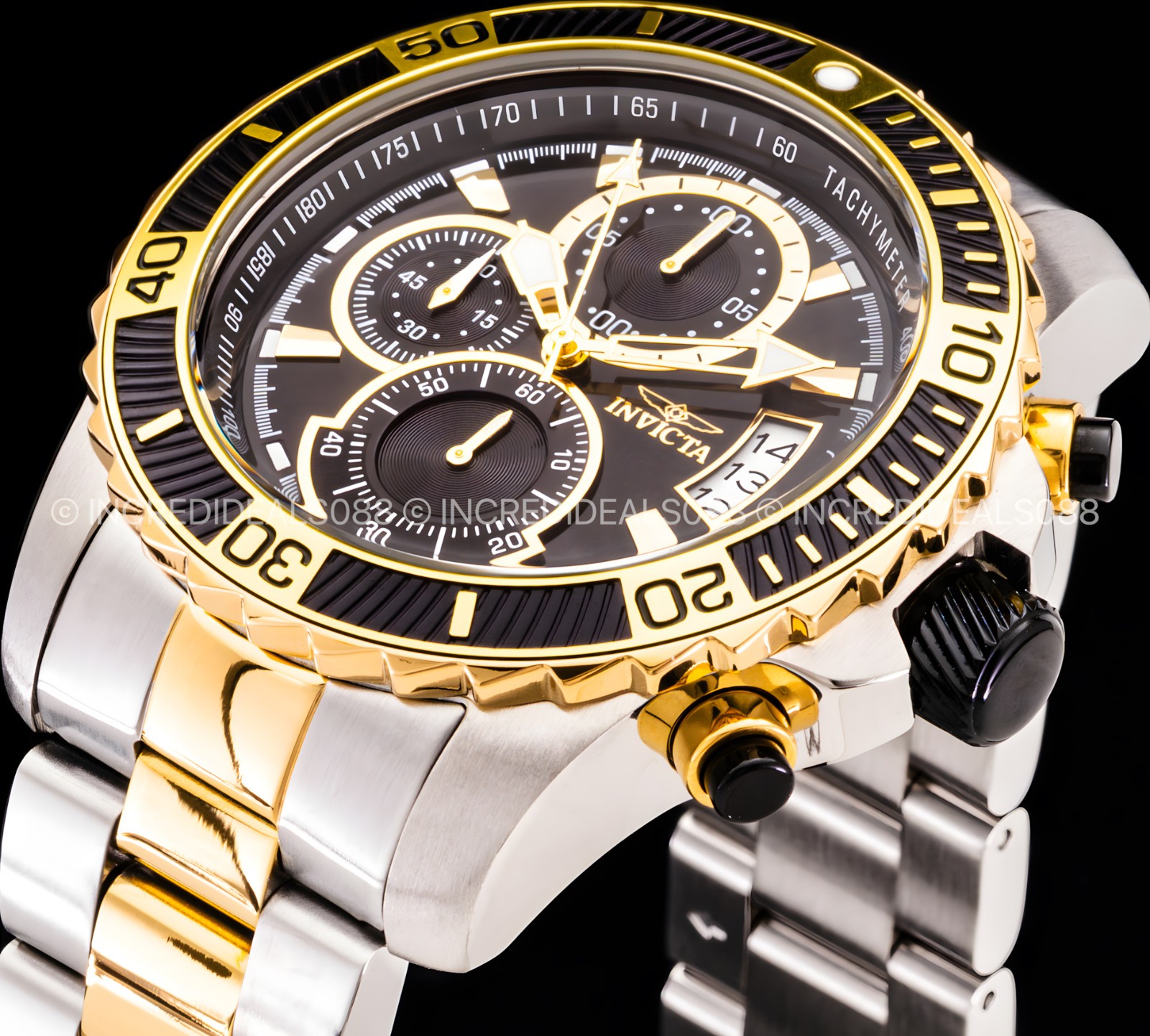 Invicta Men PRO DIVER SCUBA 18K GOLD SILVER Black Dial Two Tone Bracelet Watch