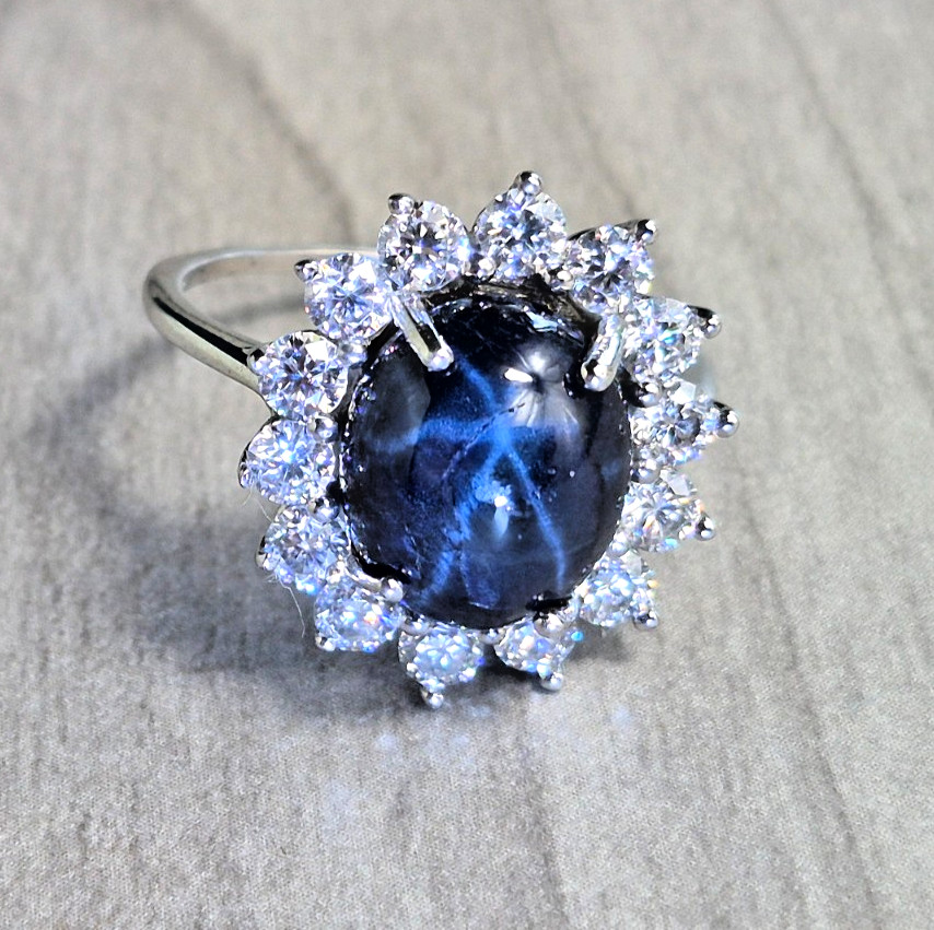 D’Joy Blue Star Sapphire (DF) + Moissanite (8.75 cttw) 925 silver ring size 9