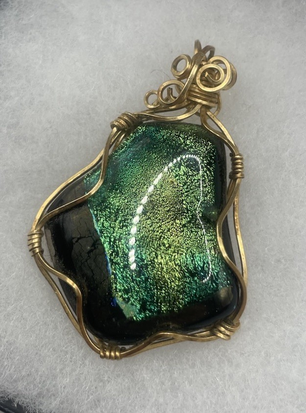 Blue Green Gold Dichroic Glass Pendant Handmade Gold Tone Wire Wrapped