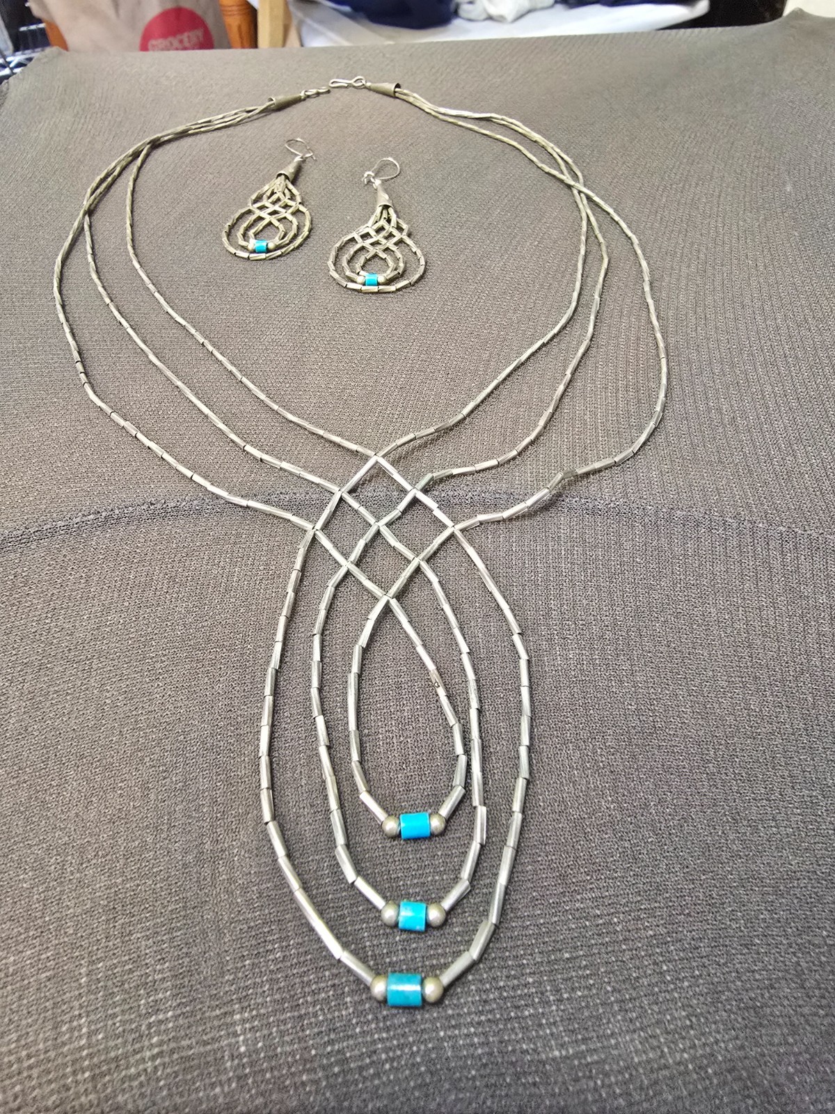 Vintage Liquid sterlng silver heishi turquoise bead weave jewelry set Excalibur