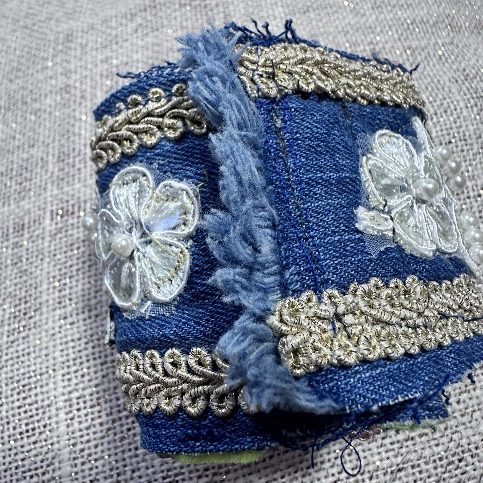 Wide Cuff Bracelet Boho Denim Fabric Embellished 3D Floral Lace Handmade 6-7