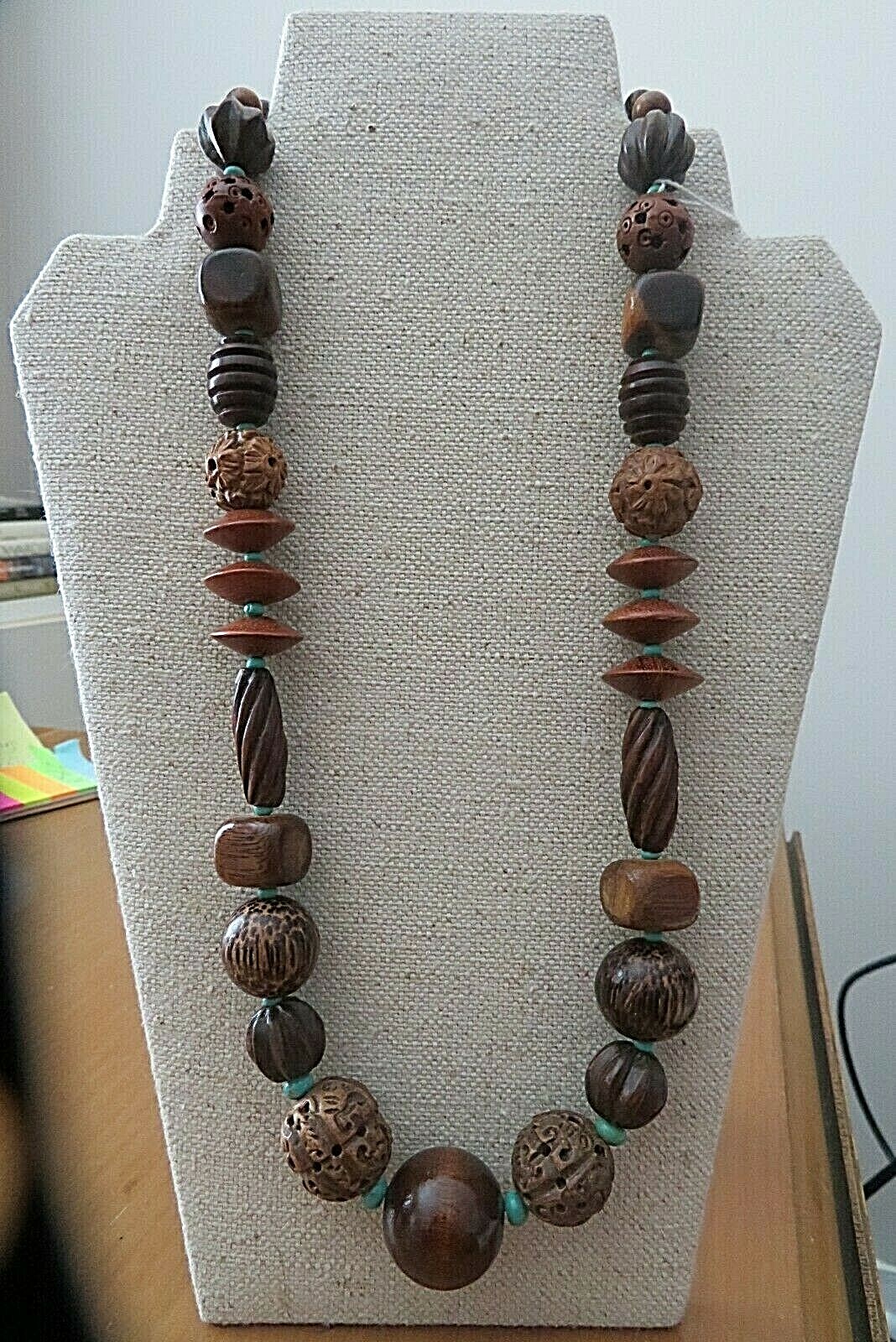 TURQUOISE & Wood ARTISAN 23.5″, 60 cm. Handmade Beaded Necklace, Original, New