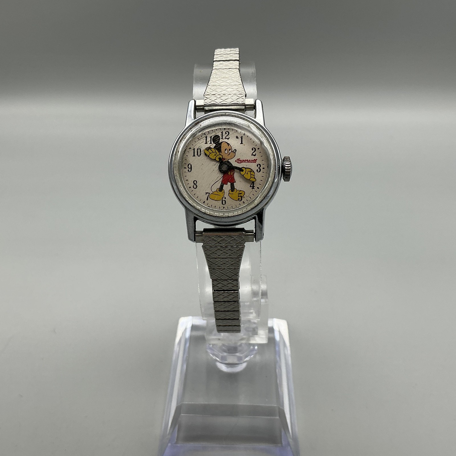 Vtg Ingersoll Mickey Mouse Womens Watch 24mm Silver Tone Manual Stretch Band