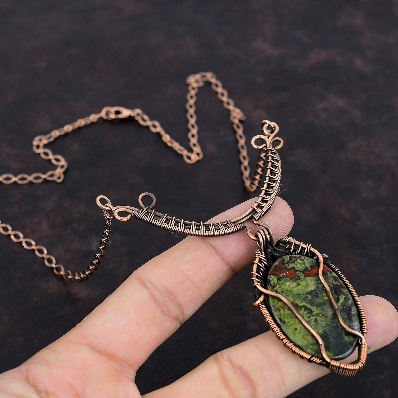 Gift For Her Dragon Bloodstone Wire Wrapped Necklace Adjustable Copper 18.0″
