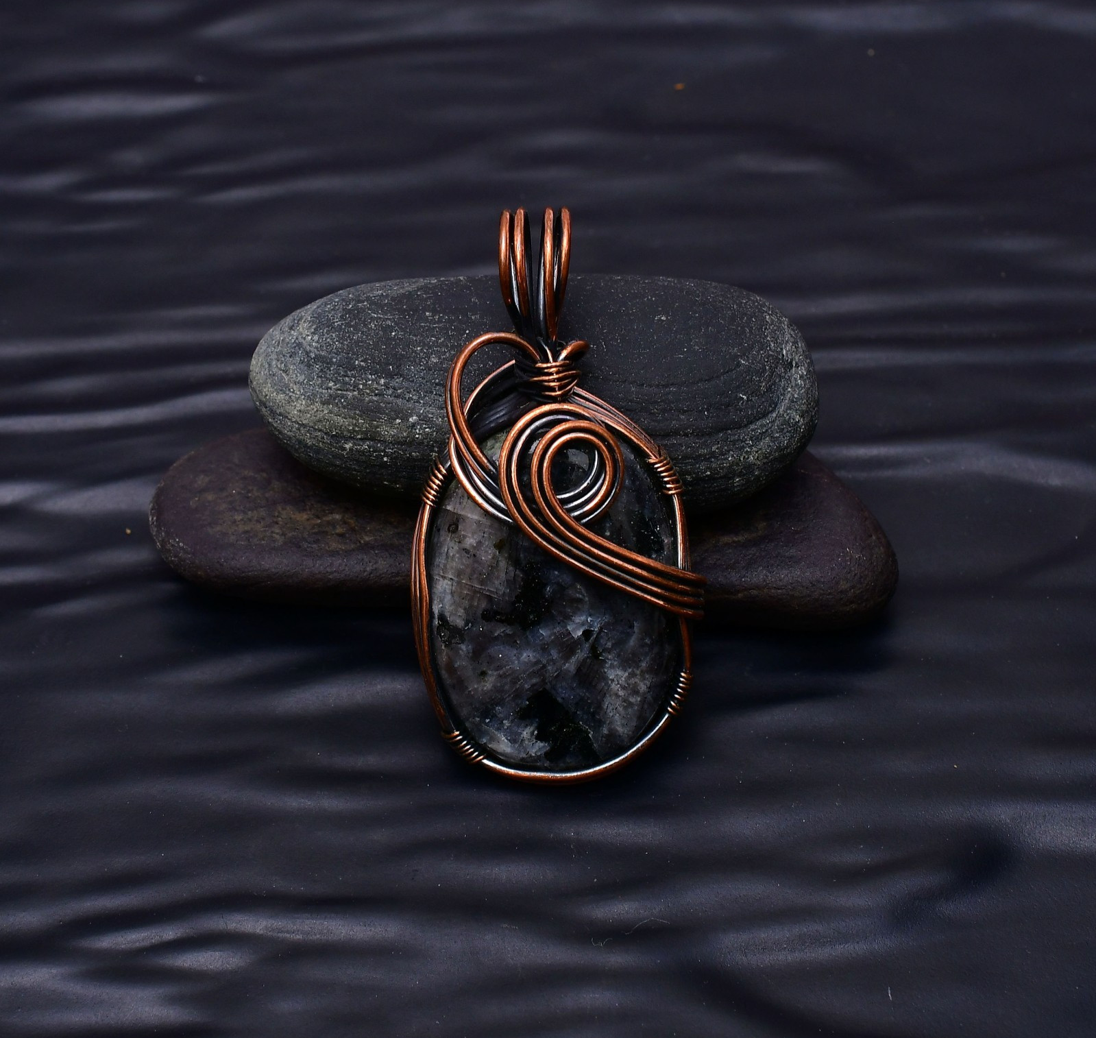 Larvikite Gemstone Copper Wire Wrapped Handmade Jewelry Pendant 2.20″
