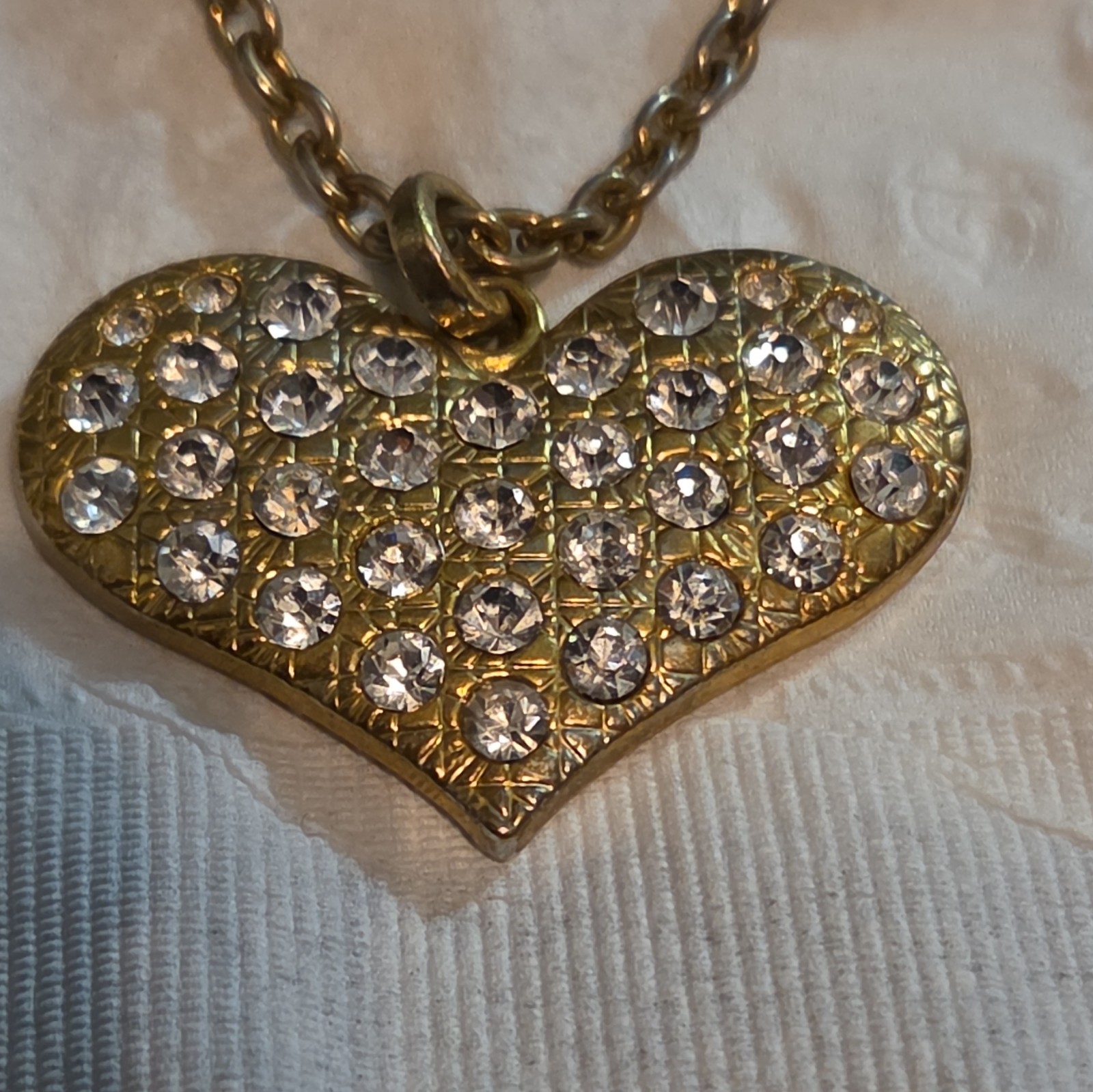 Vintage Betsey Johnson Puffy Heart Pendant Necklace Gold Tone Clear Crystal Pave