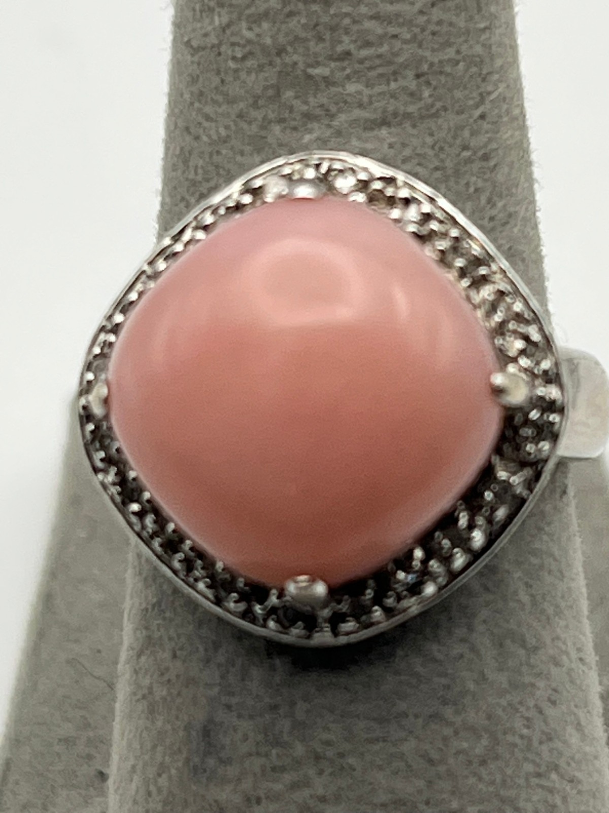 14K Solid White Gold Pink Coral Stone and Diamond Halo Ring Size 5.25