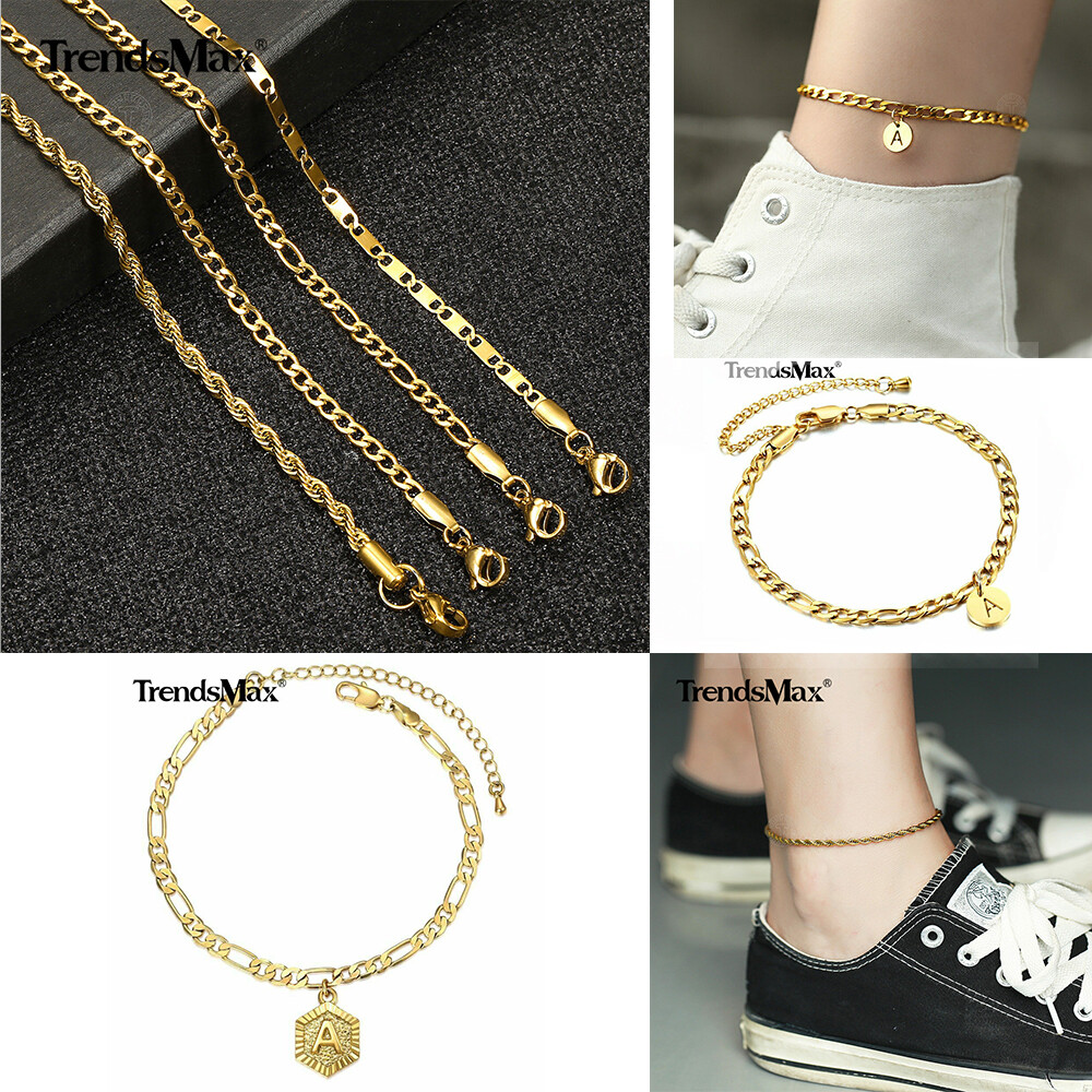 Figaro Chain Initial A-Z Anklet Bracelet Gold Plated Stainless Steel Summer Hot