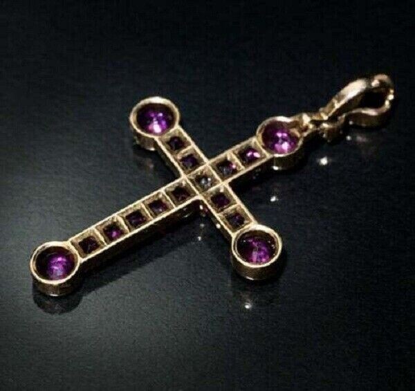 2Ct Princess Cut Dark Pink Ruby Cross Pendant 14K Yellow Gold Finish Free Chain