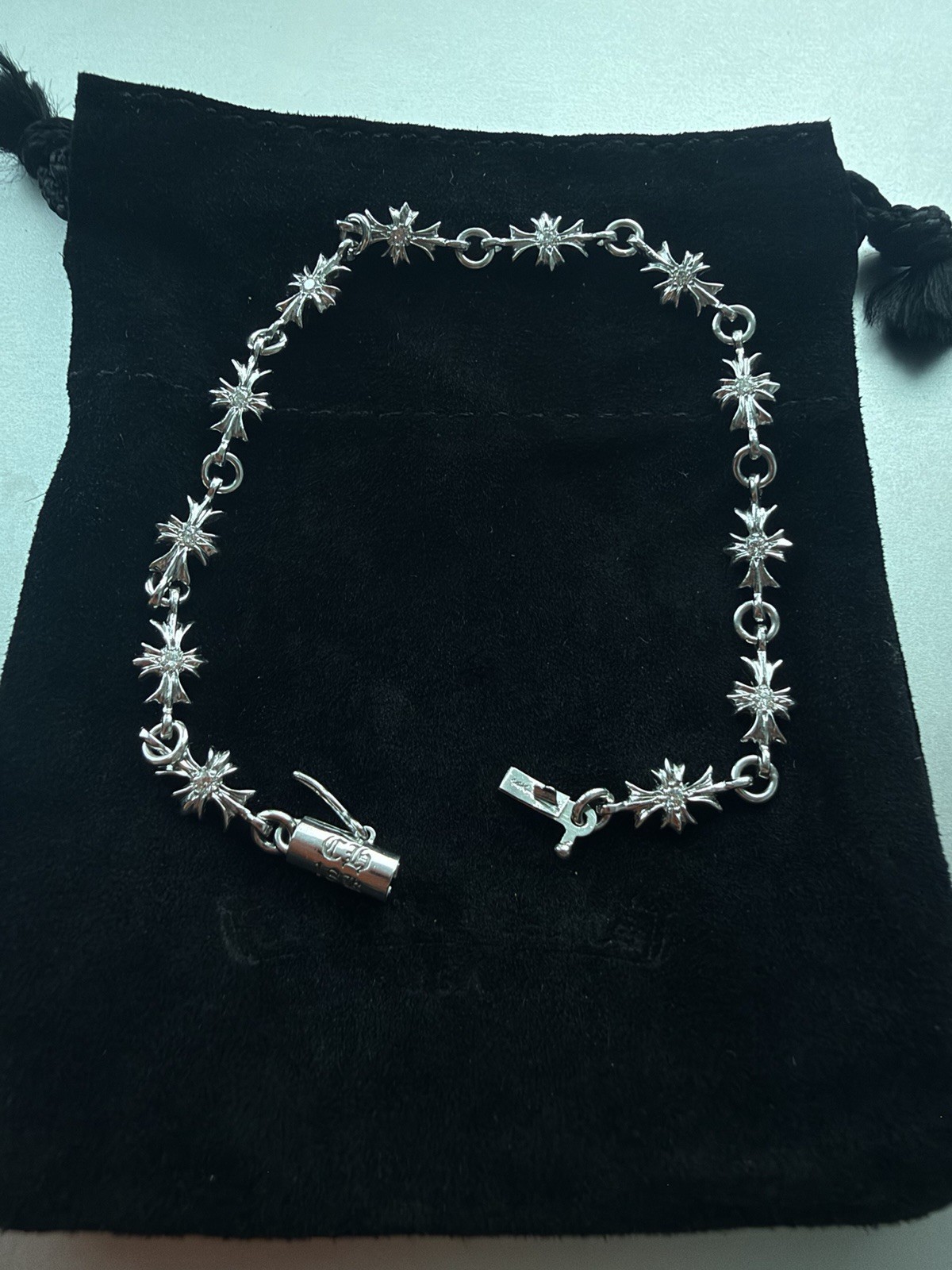 CHROME HEARTS Tiny E Bracelet 18K White Gold 12 Link Diamond Double Sided