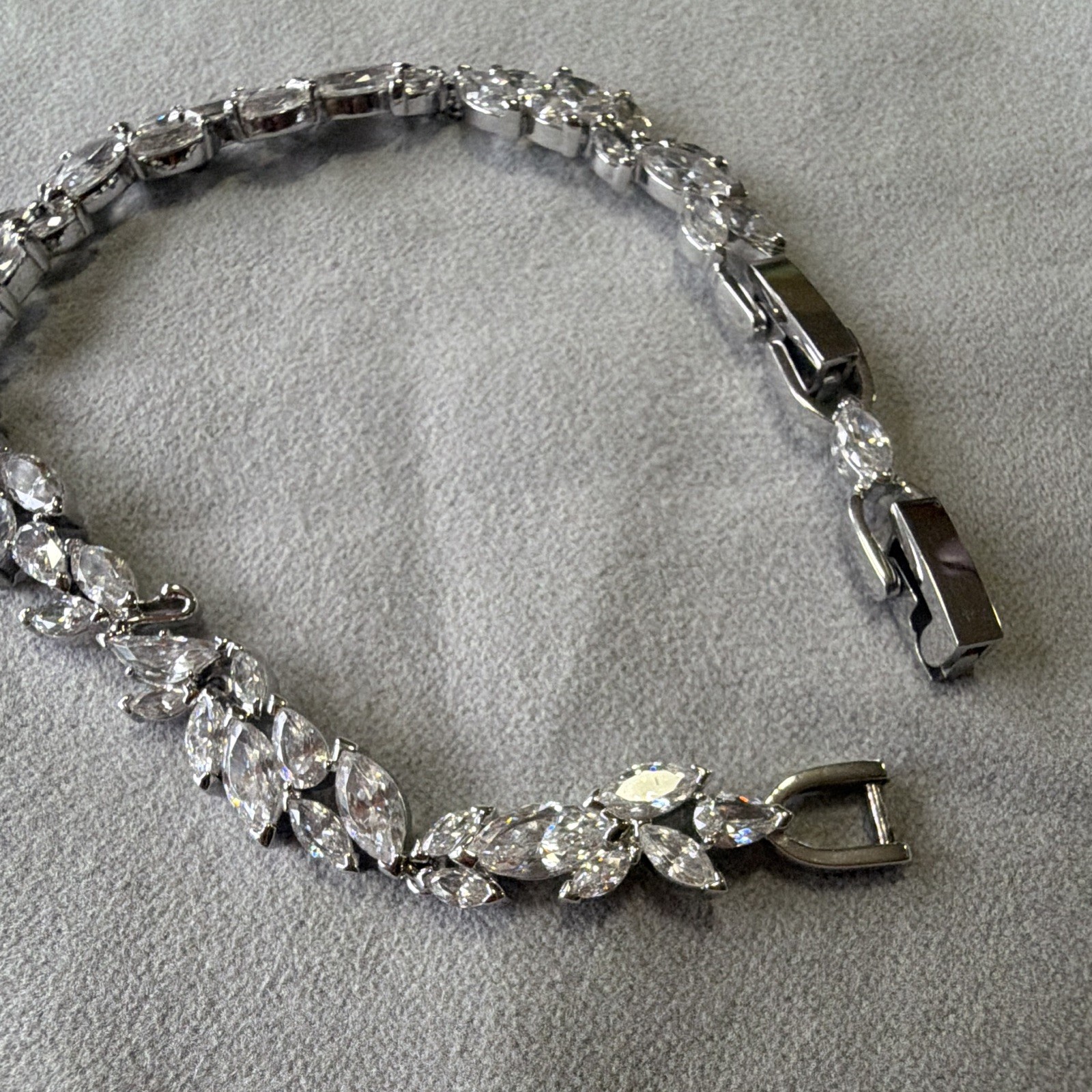Silver Tone Marquise-Cut Clear Crystal Tennis Bracelet Chain Double Box Clasp
