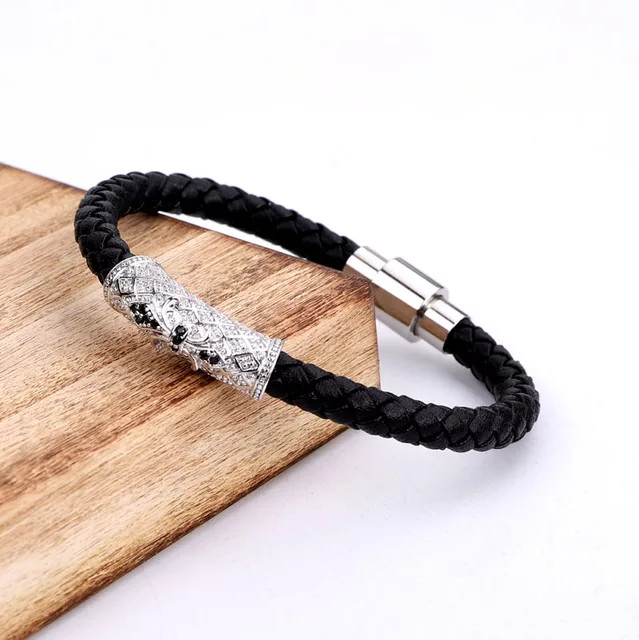 Genuine Leather Stainless Steel Gold/Silver/Black Plated Bracelet & Cubic Zircon