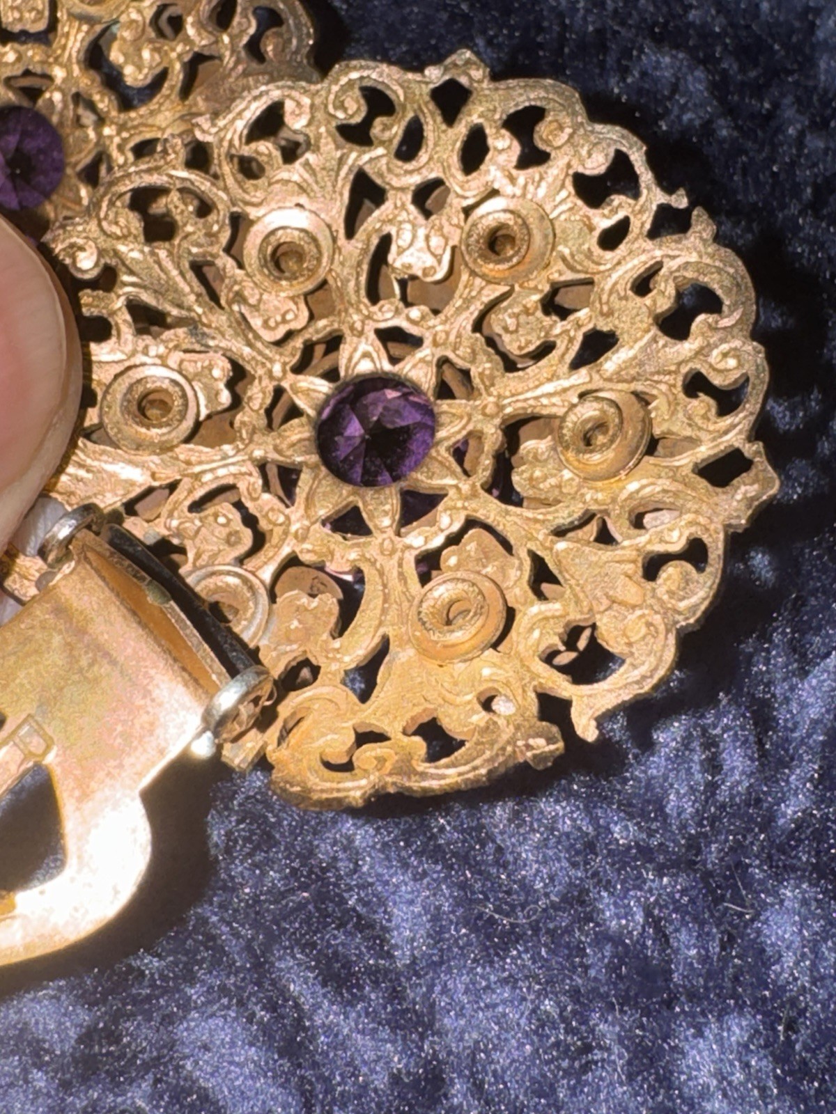 Vintage Purple and Gold Tone Clip-On Czechoslovakian Earrings 1.75 Victorian Rev