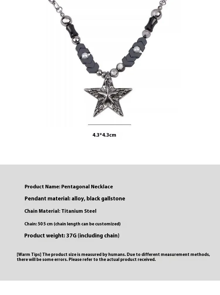Gothic Retro Star Pendant Necklace Grunge Beaded Titanium Steel Punk Unisex Gift