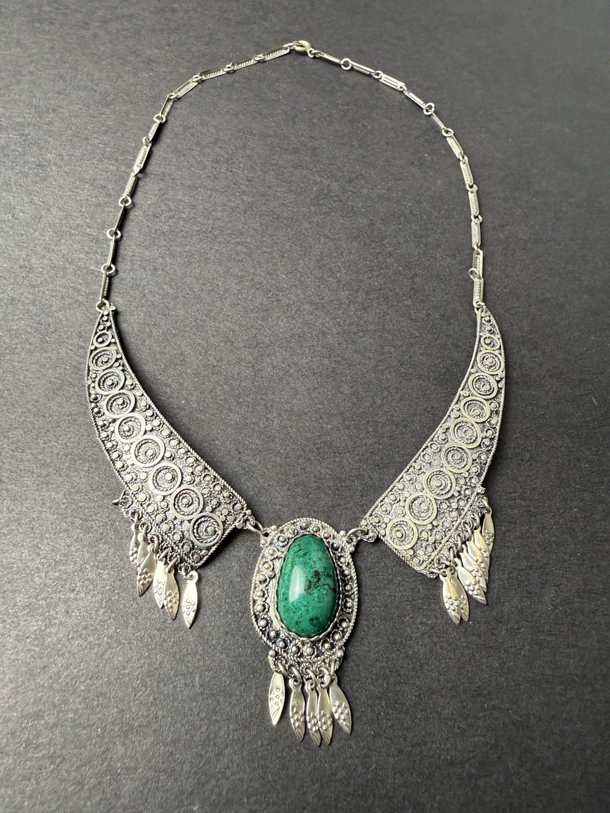 Vintage Israeli 925 Sterling Silver Eilat Stone Filigree Bib Necklace Yemenite