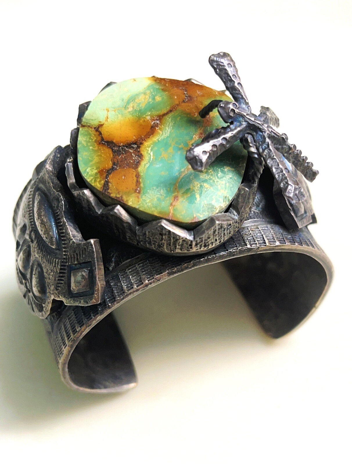Museum Quality 💚 Native American Tufa Cast Turquoise Bracelet,Signed 6 1/4 200g