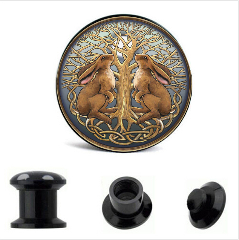 PAIR BUNNY RABBITS TREE Ear Gauges Ear Plugs Flesh Tunnel Acrylic SCREW 6g +