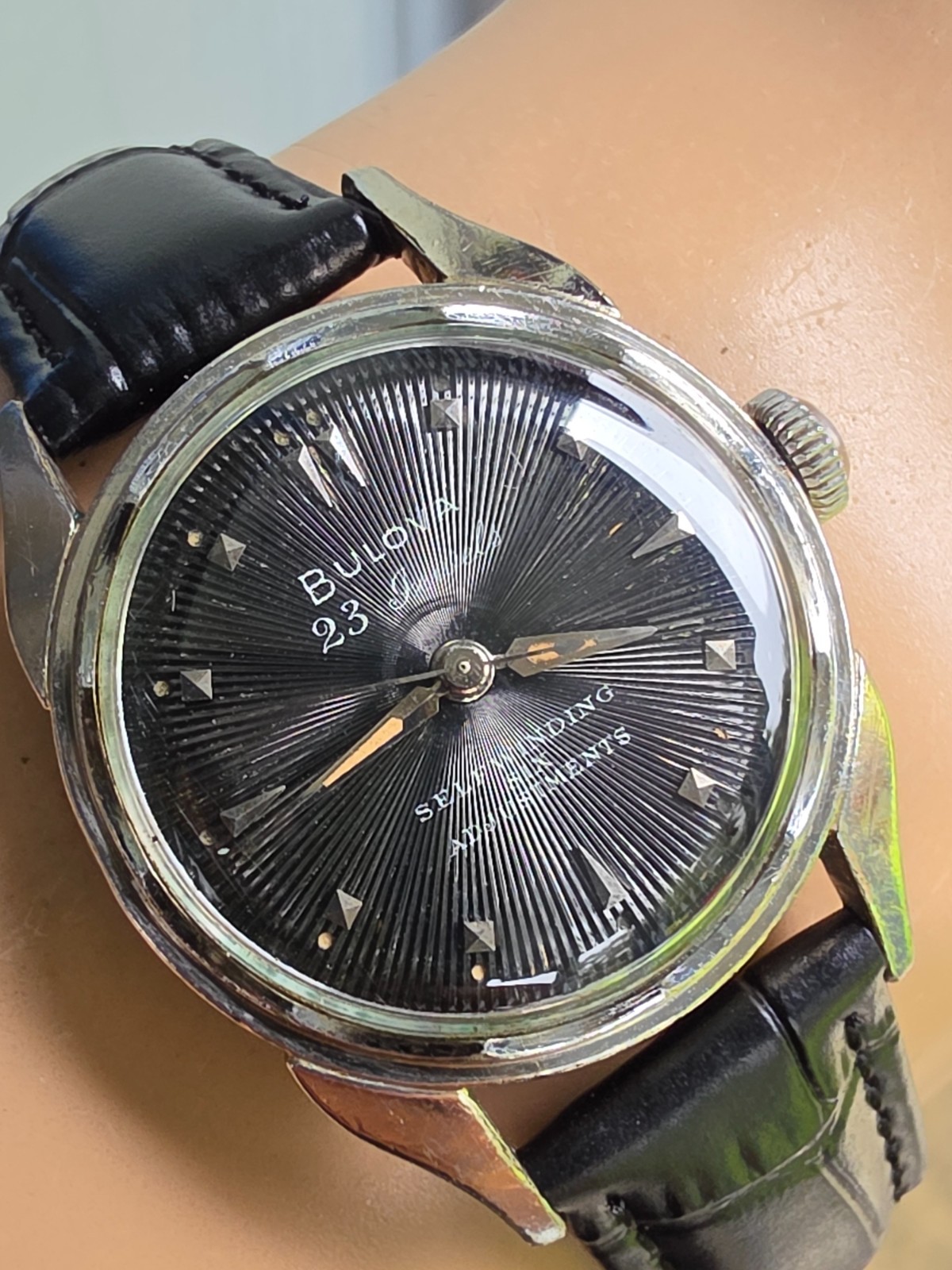 Vintage Bulova 23 “A” Men’s automatic watch 10K RGP Black Sunburst dial 1955