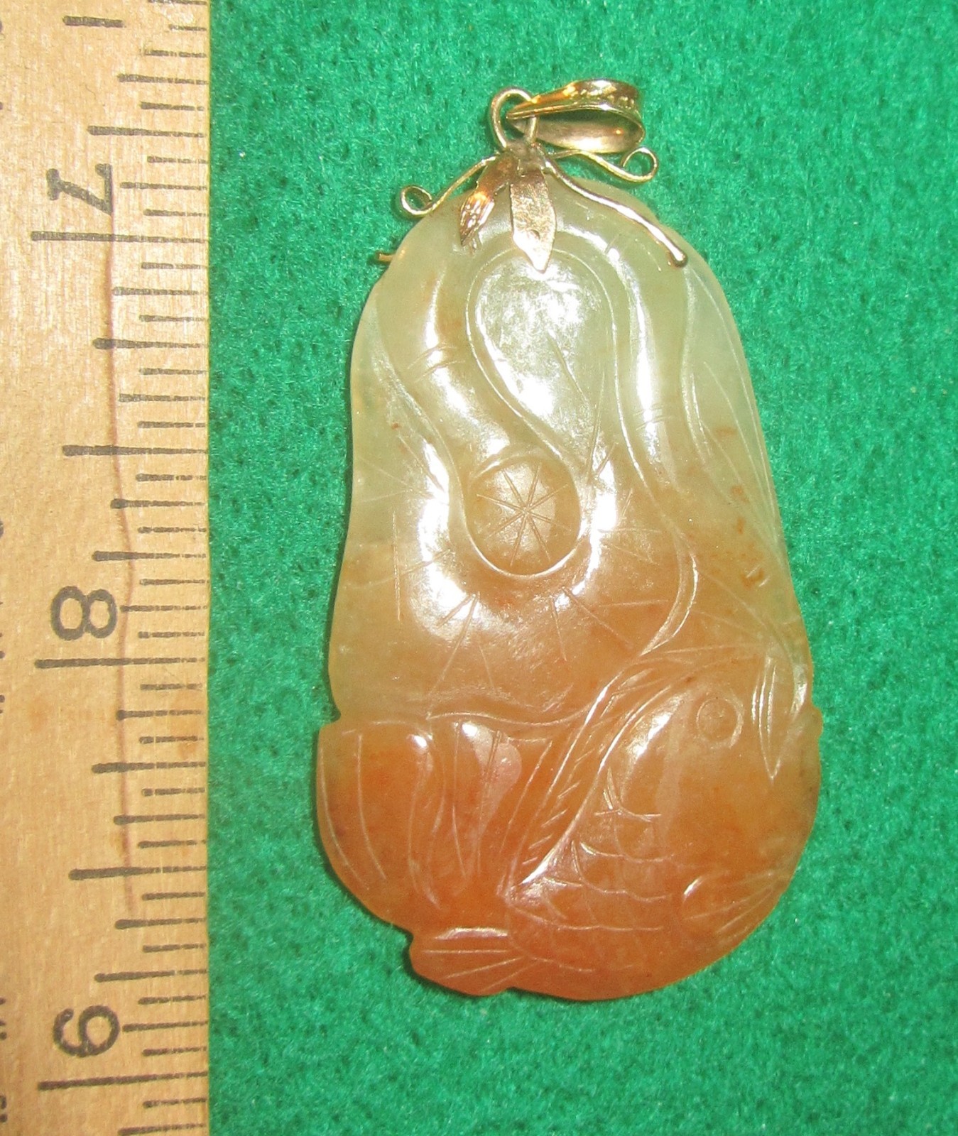 “Autumn Jade” Koi Fish pendant with 14k gold lotus leaves & bail- carved jewelry