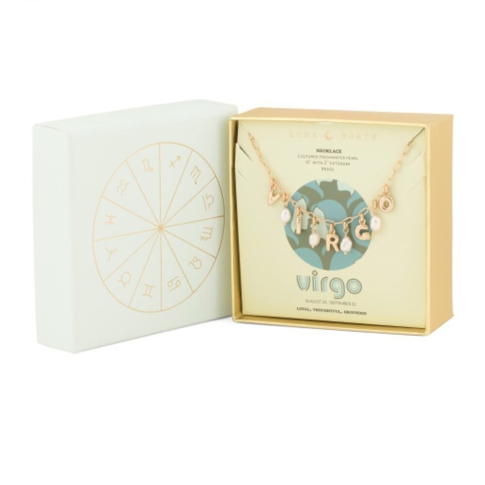 NWT LUNA NORTE Virgo Gold Tone Pearl Astrological Lettering Necklace w/ Gift Box