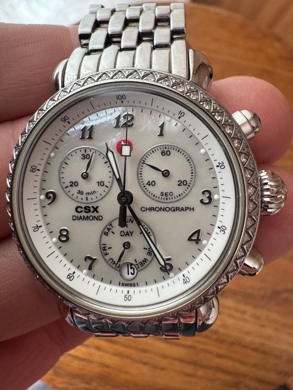 Michele CSX Diamond Bezel Mother of Pearl Chronograph Watch, 36mm • MW03M01A1025
