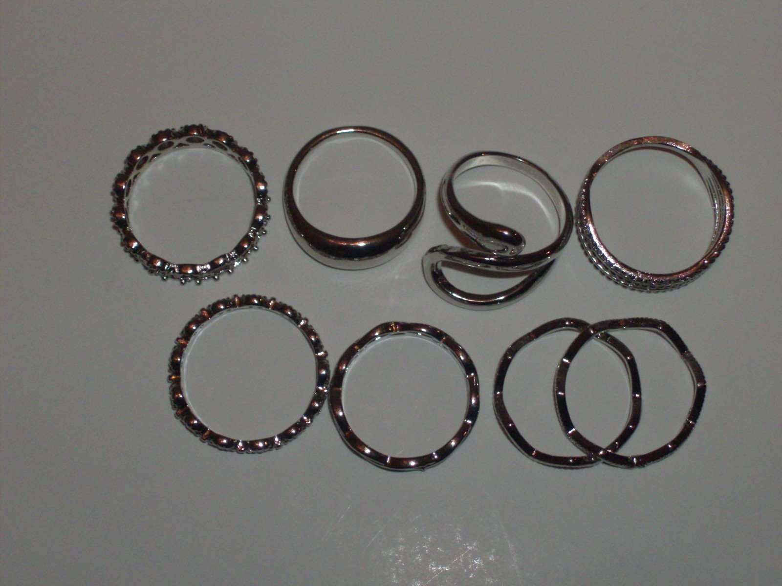 8 Pc. Silvertone Unique Band Variety Ring Lot-Sizes 7, 8, 8.5, 9 & 9.5
